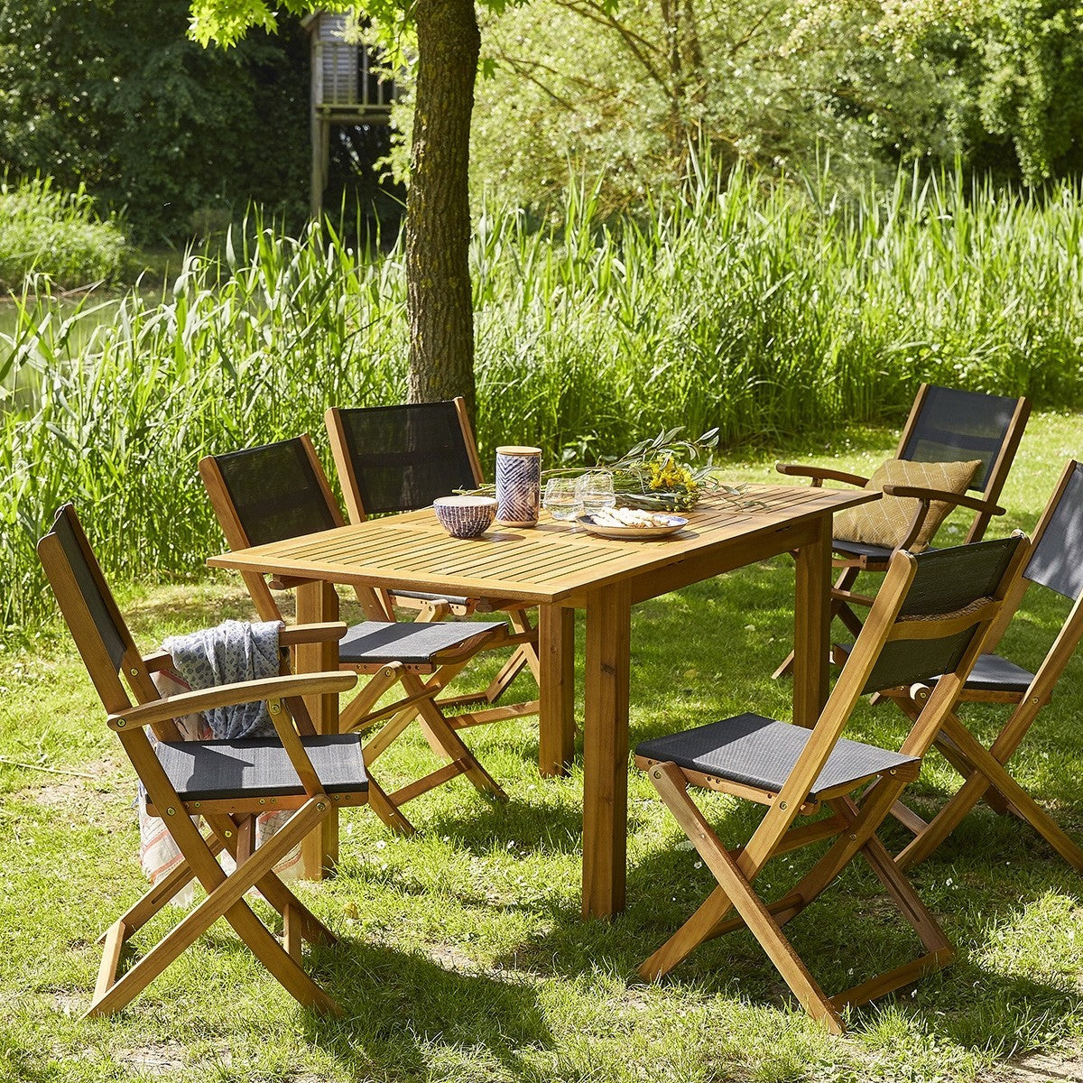 HANOÏ - Poltrona da giardino in acacia massello e textilene nero