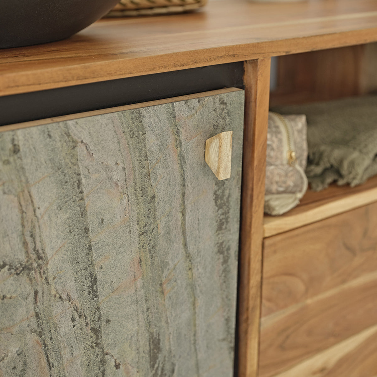 EDEN ROCK - Mobile sottolavabo in acacia massello e pietra 155 cm