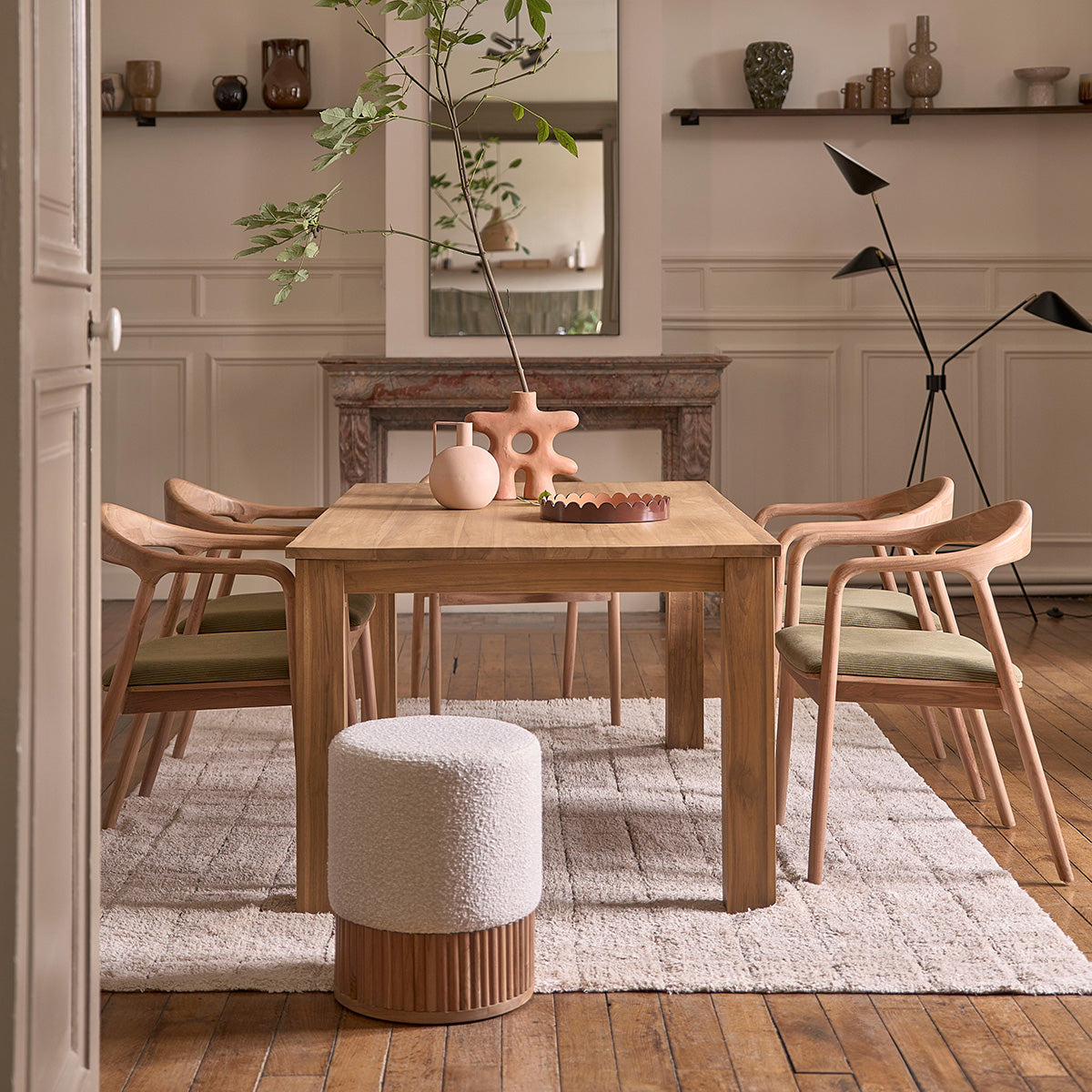 AMBRE - Sedia in teak massello con seduta in velluto a coste color kaki