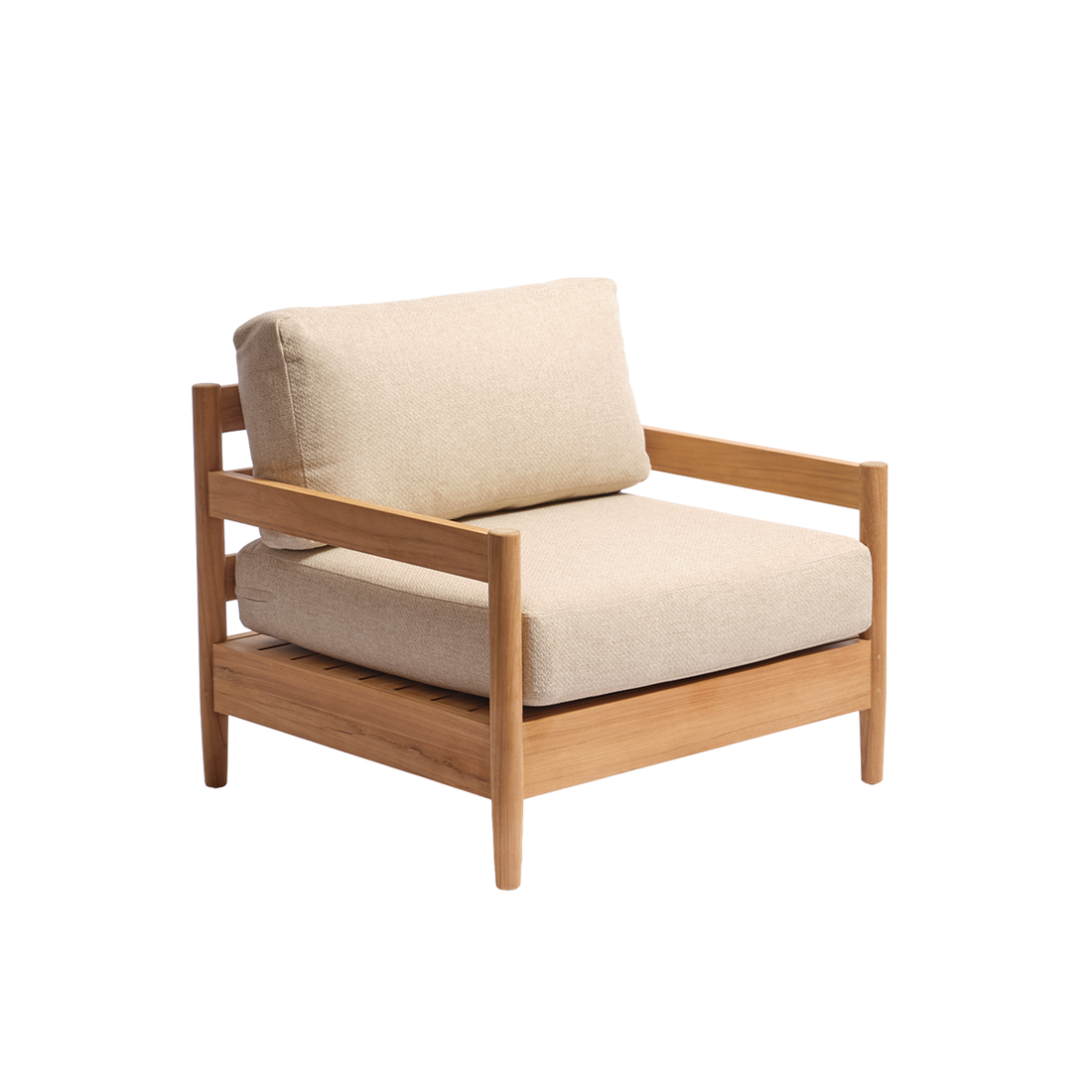 CALVI - Poltrona da giardino bassa in teak massiccio con cuscini beige screziati