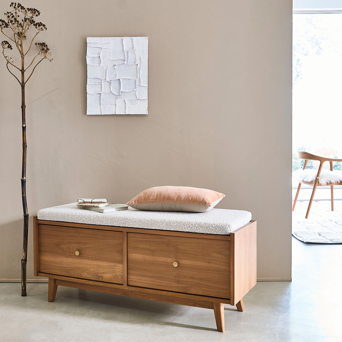 SERENE - Panchina in teak massello e tessuto bouclé 120 cm