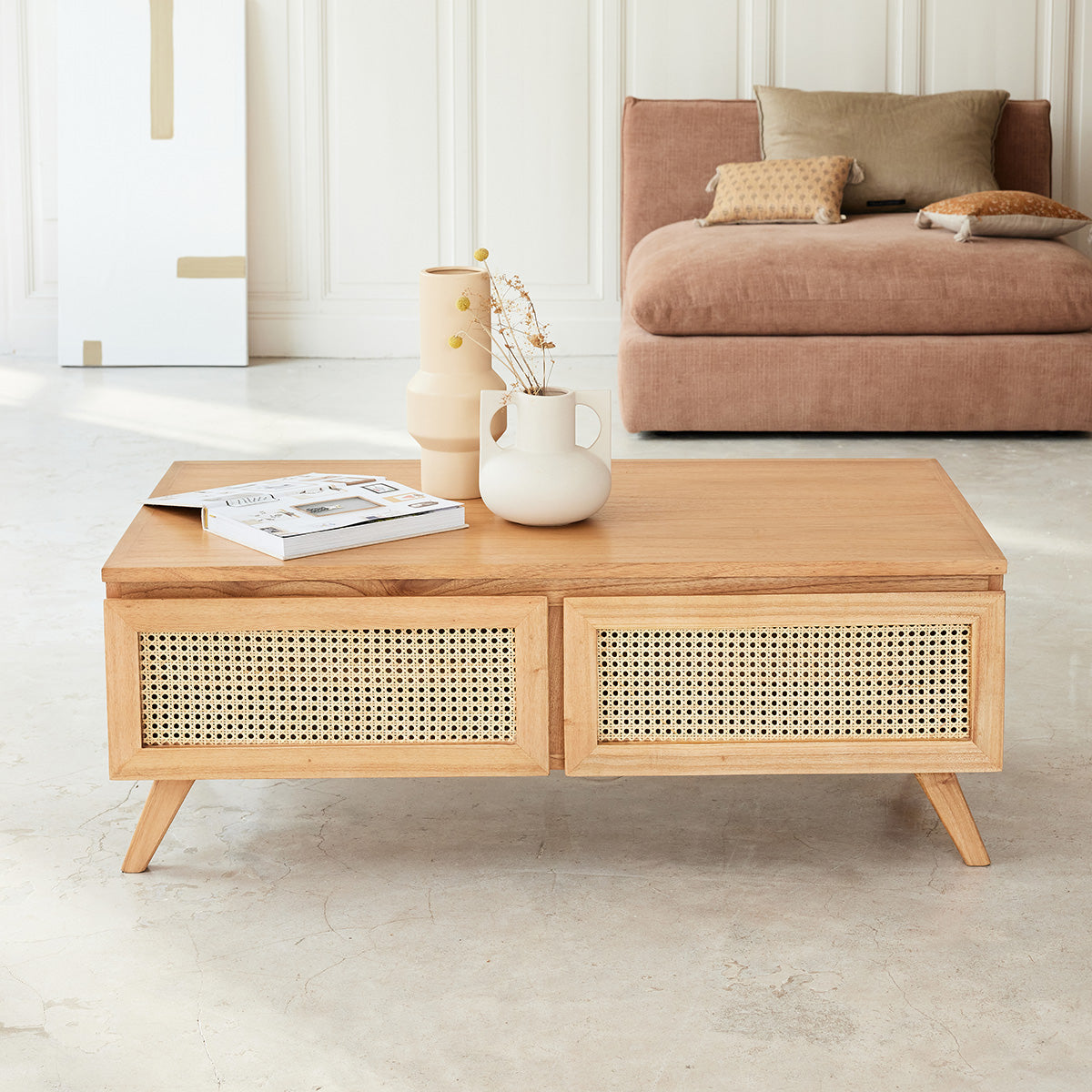 ISÉE - Tavolino in mindi massello e cannage 110 cm