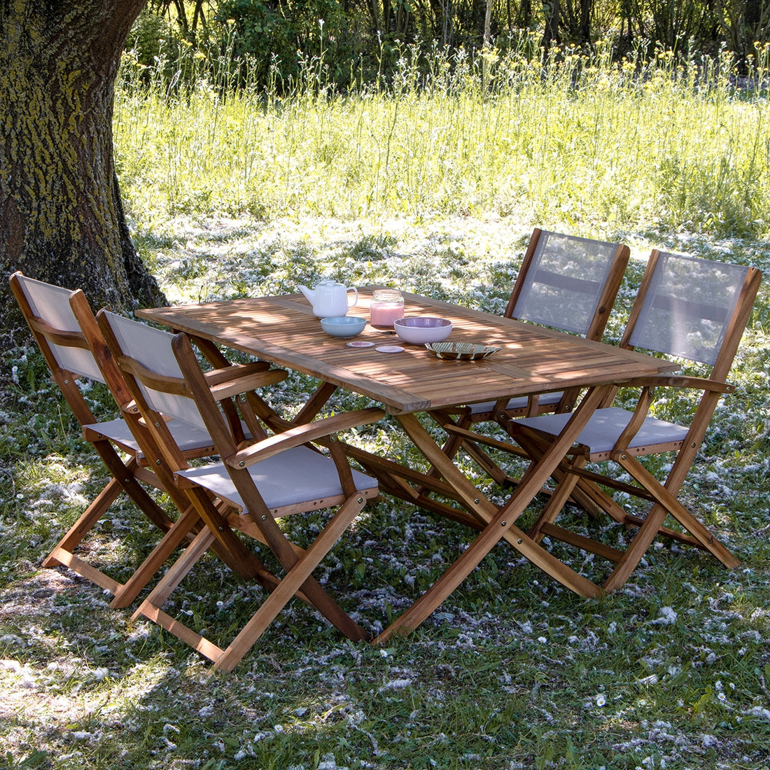 HANOÏ - Set di mobili da giardino in legno massello di acacia e textilene grigio 4 pers.