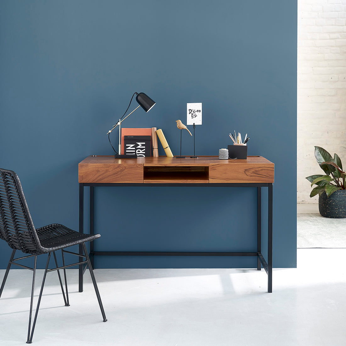 LINA - Scrivania in teak massello e metallo 120 cm