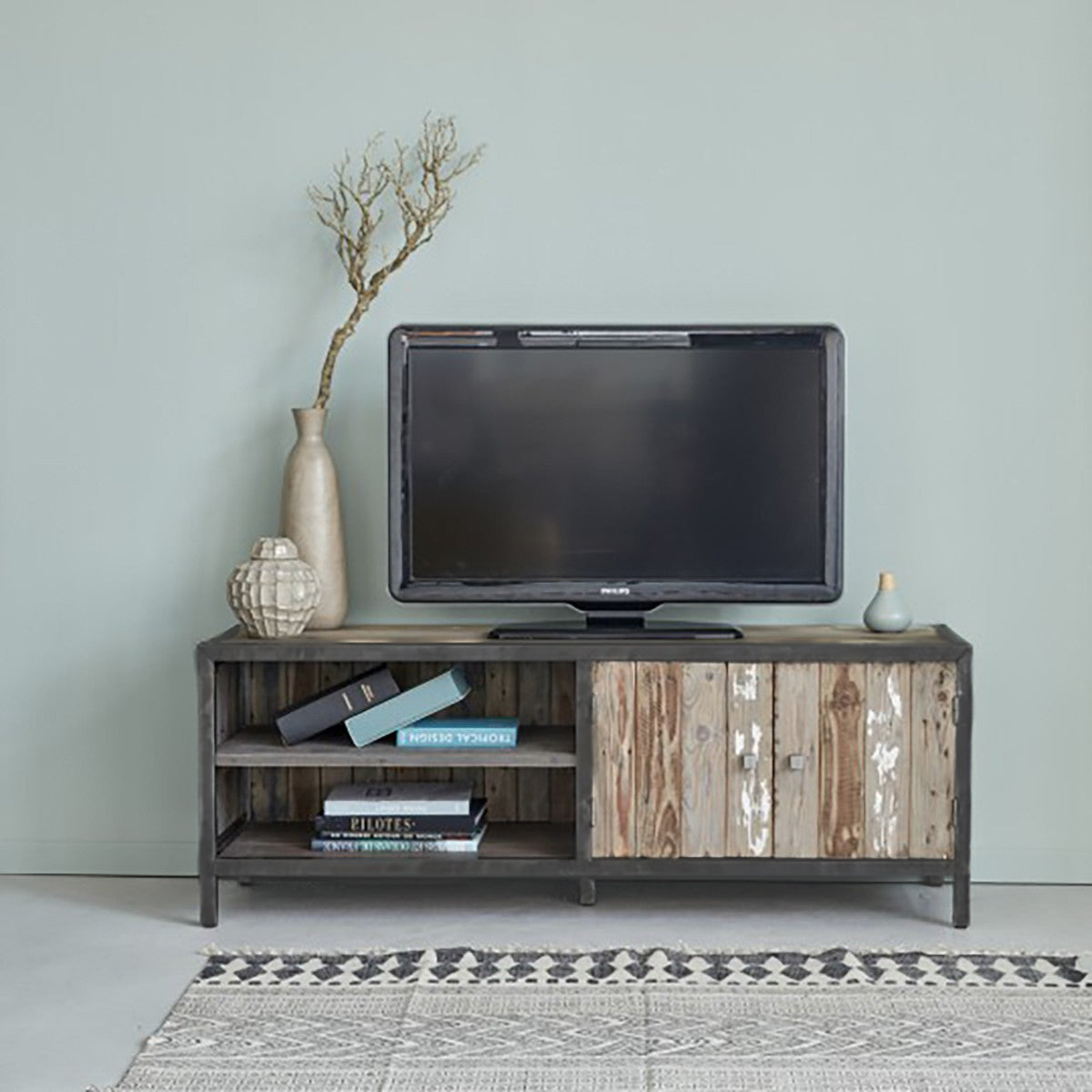 INDUS - Mobile porta TV in legno massello riciclato e metallo 150 cm