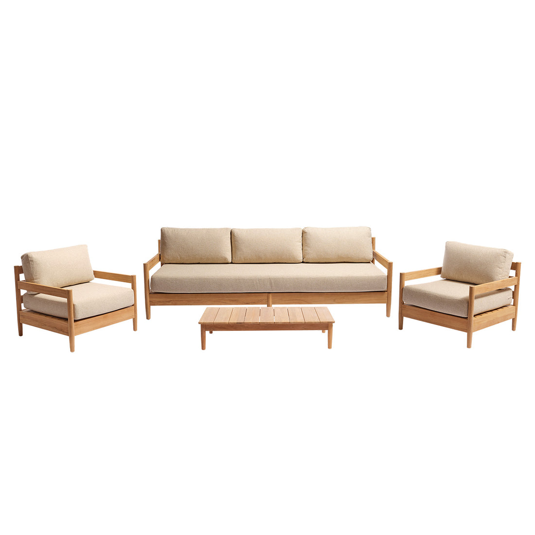 CALVI - Set da giardino basso in teak massiccio con cuscini beige screziati, per 5 persone.