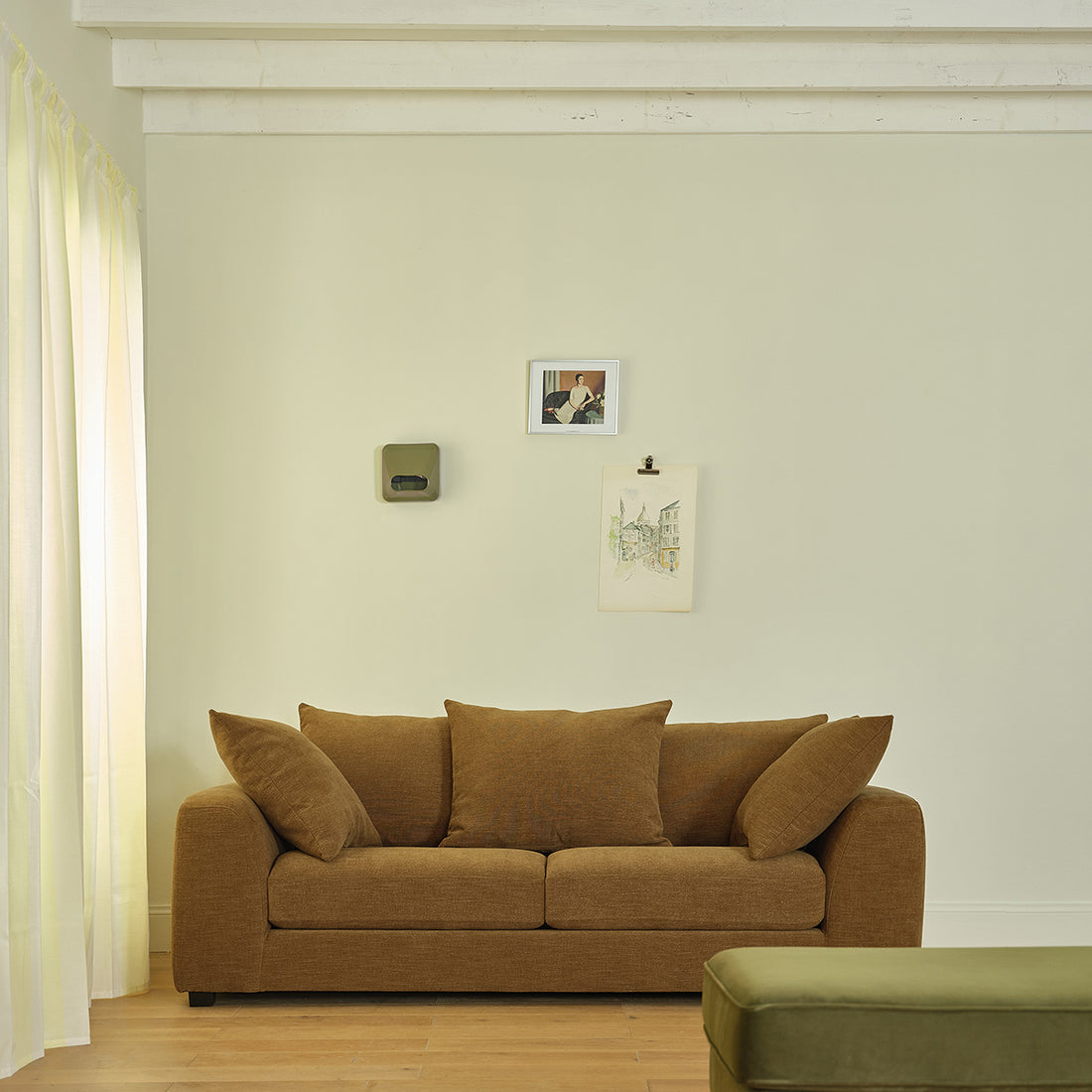 EDMOND - Divano lineare a 3 posti in tessuto effetto lino color bronzo