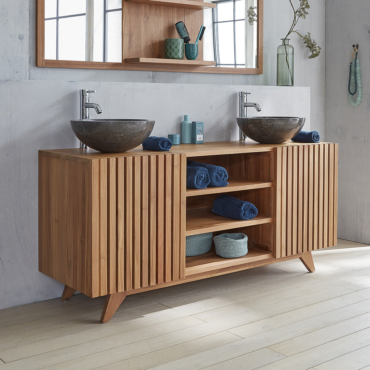 RIO - Mobile per lavabo in teak massello da 160 cm con doghe