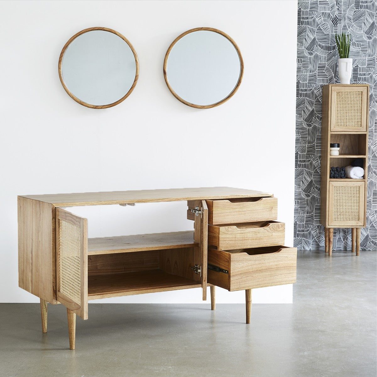 HANA - Mobile per lavabo in mindi massello e cannage 135 cm