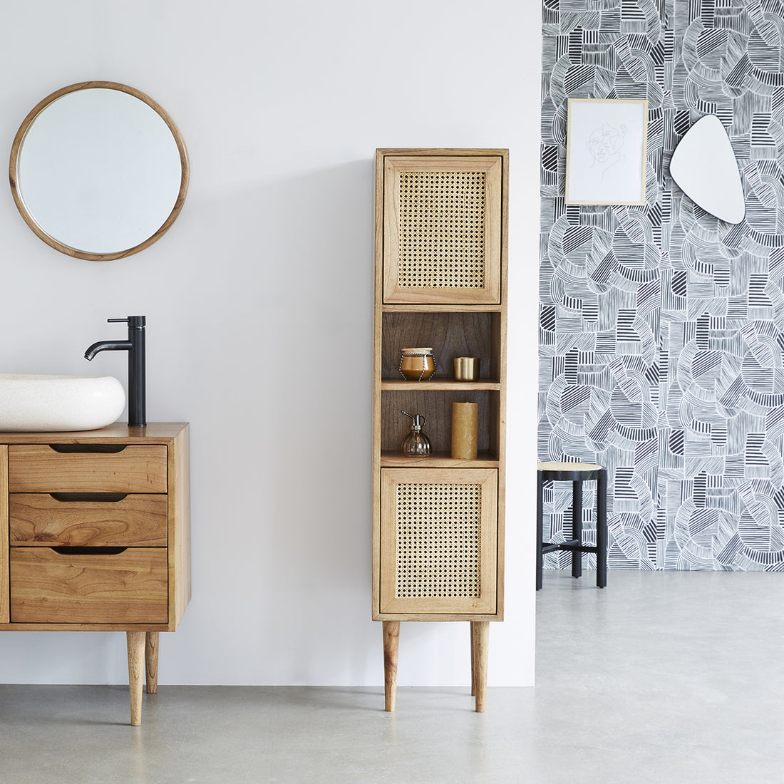 HANA - Colonna da bagno in mindi massello e cannage 150 cm