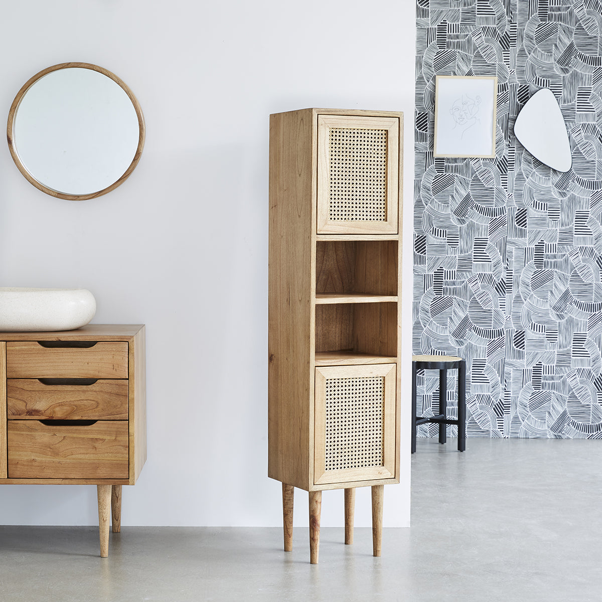 HANA - Colonna da bagno in mindi massello e cannage 150 cm