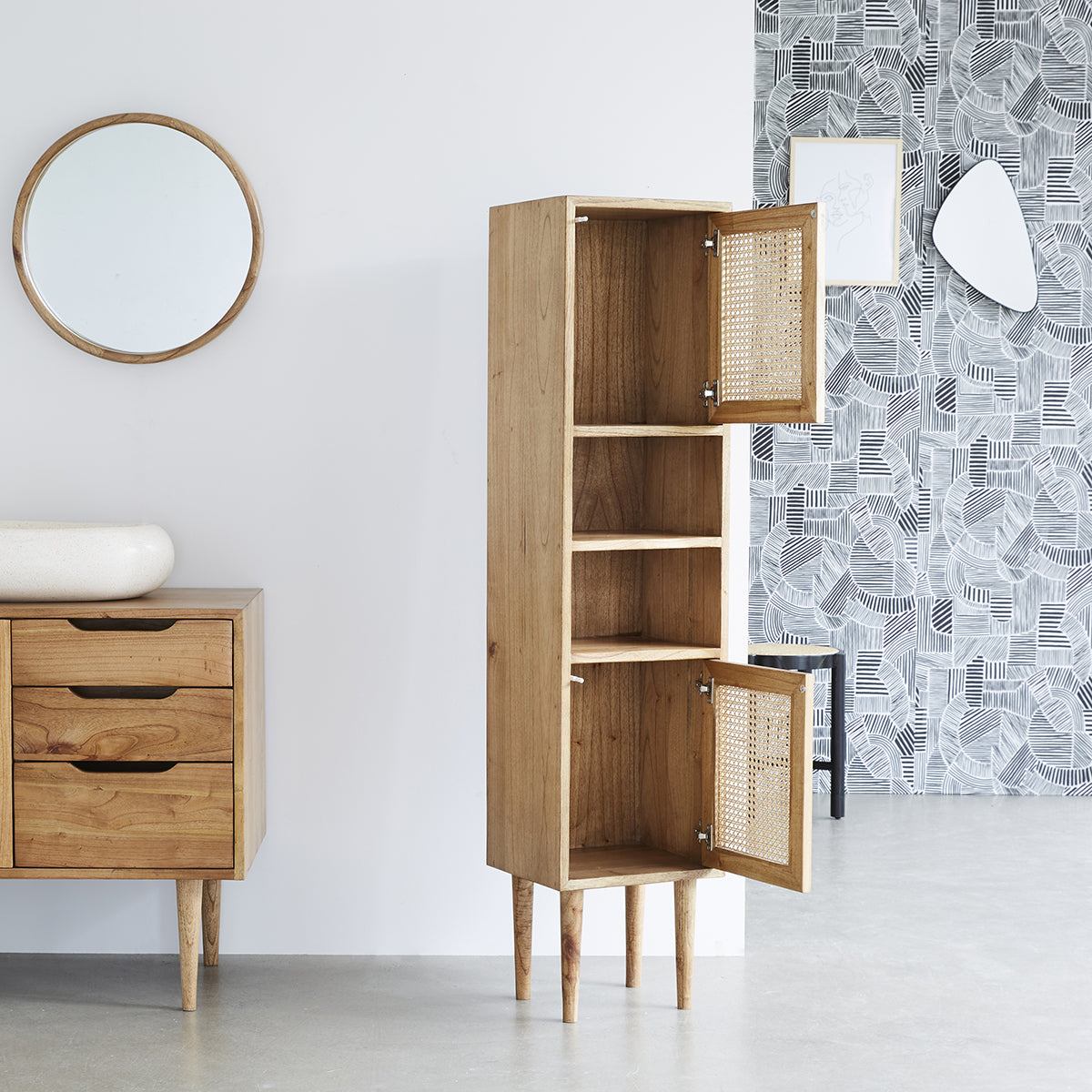 HANA - Colonna da bagno in mindi massello e cannage 150 cm