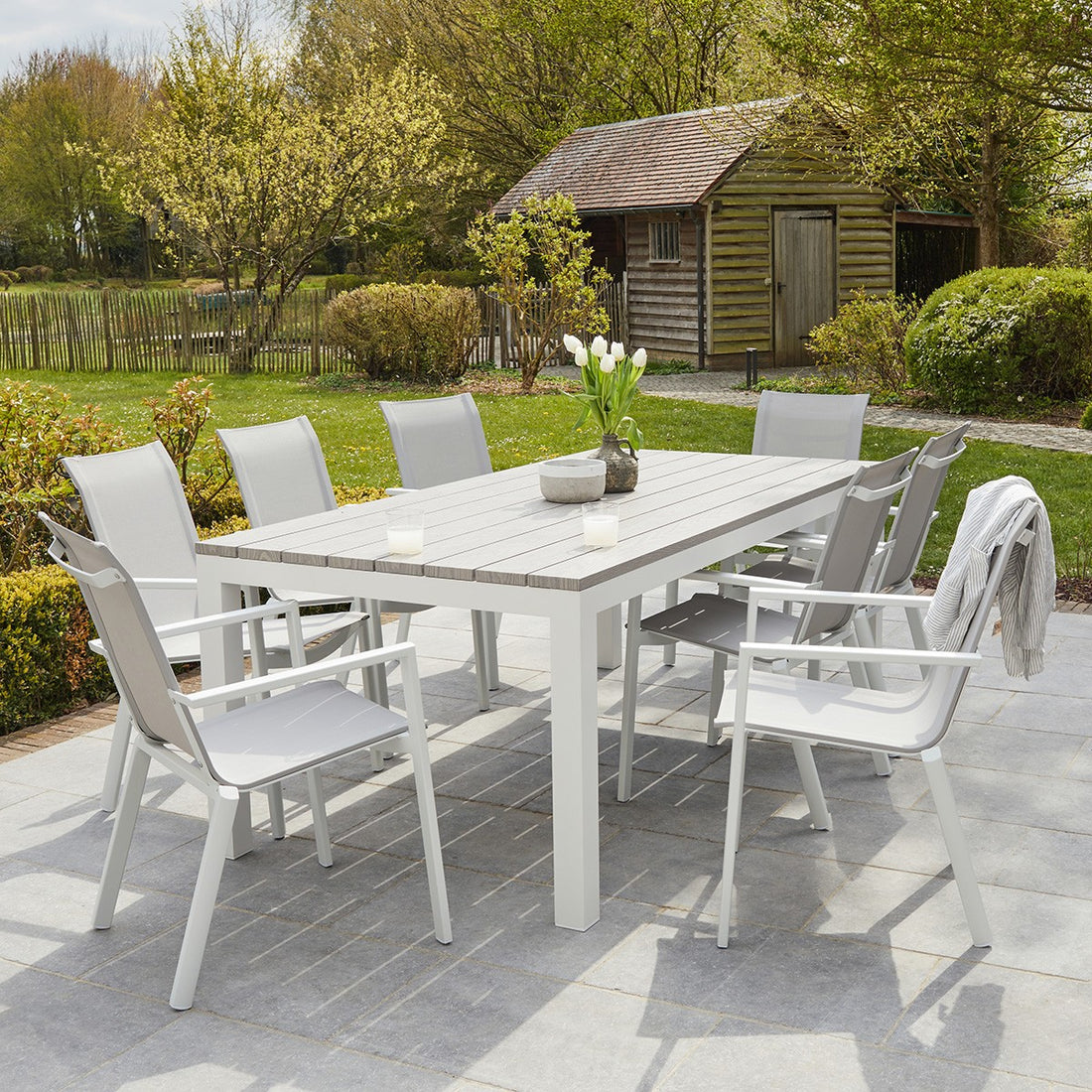 TAMPA - Set di mobili da giardino alluminio bianco e textilene grigio 8 pers.