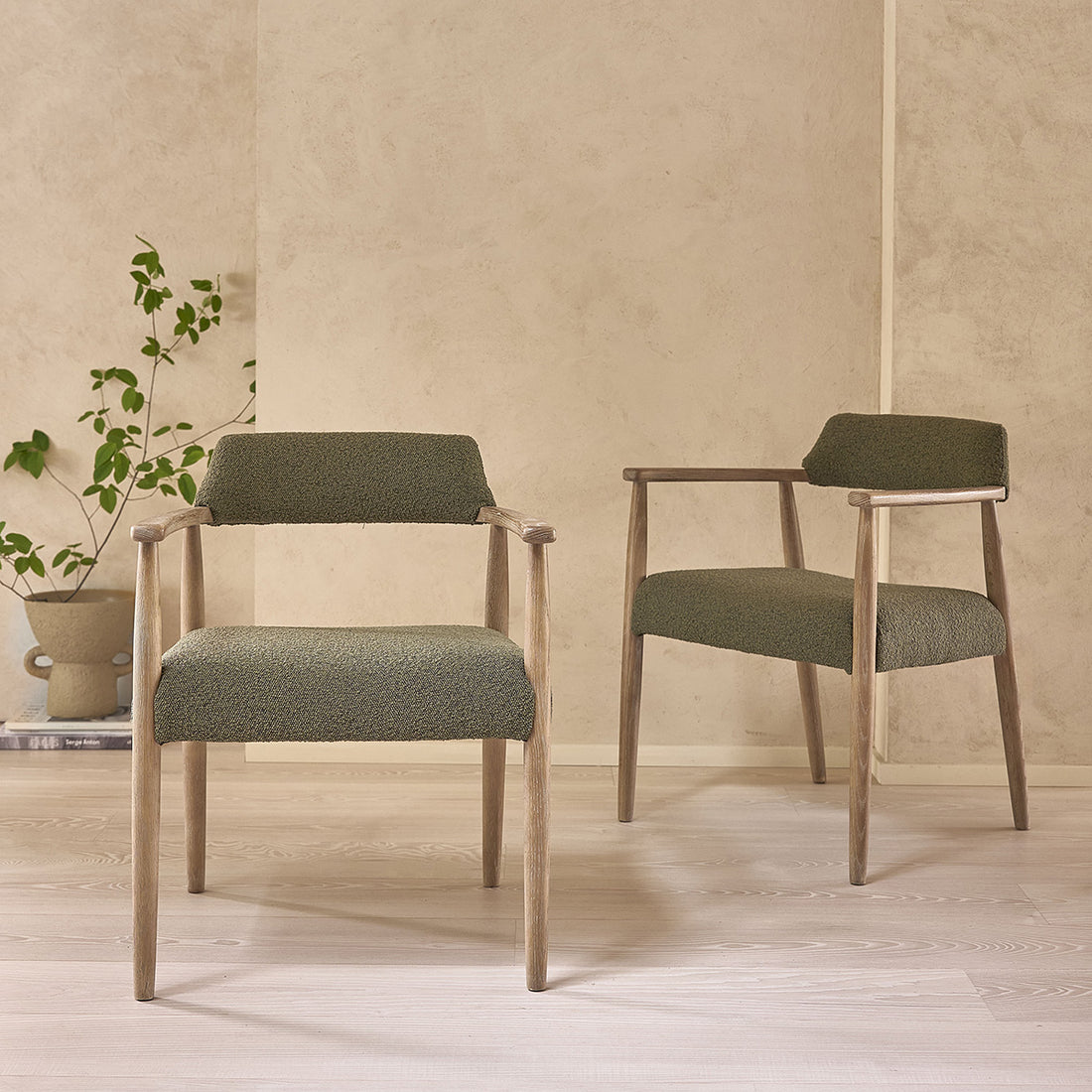 LUISA - Set di 2 sedie in rovere e tessuto bouclé kaki