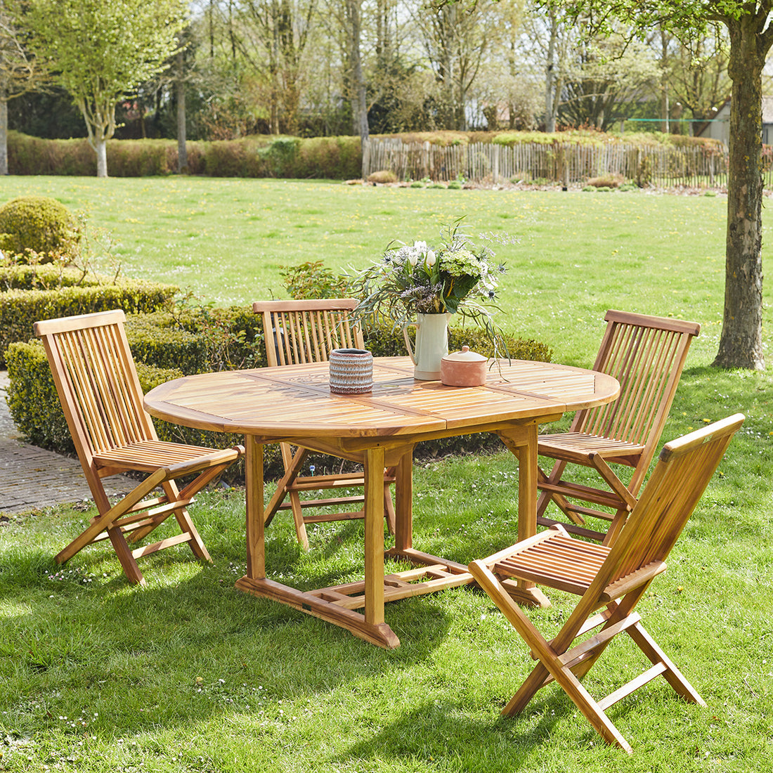 BALI - Set di mobili da giardino con tavolo allungabile in teak massello oliato 4/8 pers.