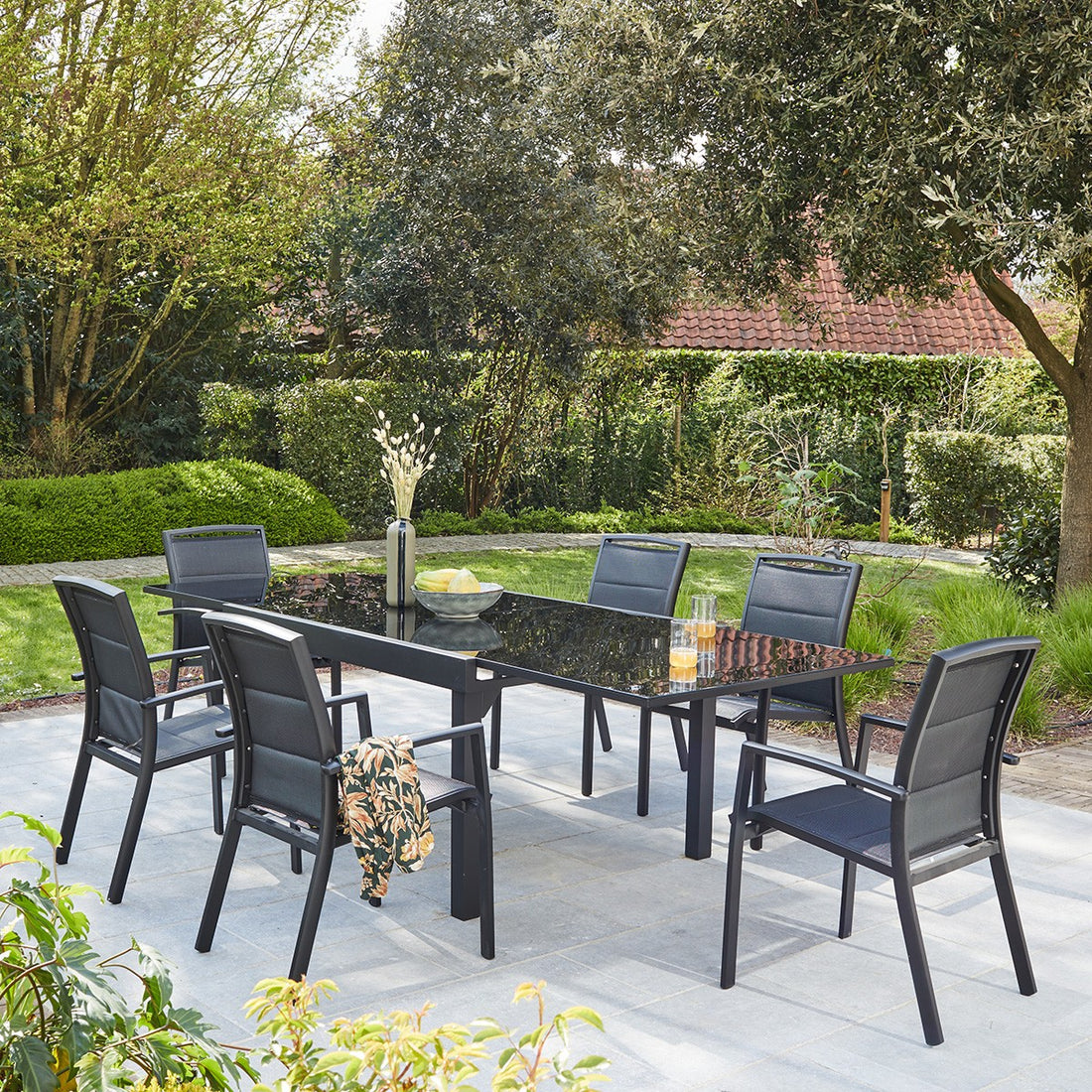MODULO - Set di mobili da giardino in alluminio nero con tavolo allungabile 6/10 pers.