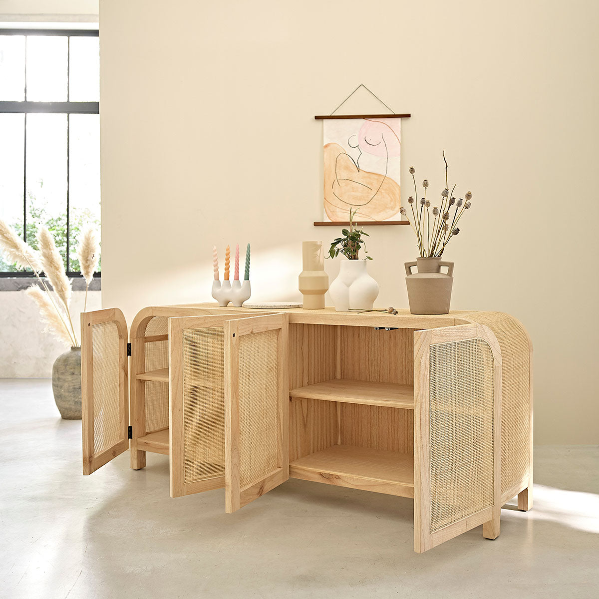 MAËL - Credenza in mindi massello e cannage 190 cm