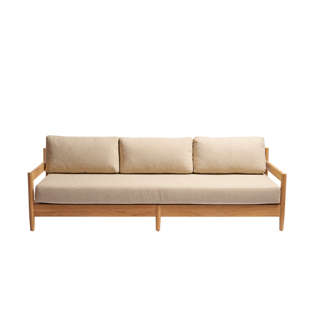 CALVI - Divano da giardino basso in teak massiccio con cuscini beige screziati, 4 posti.