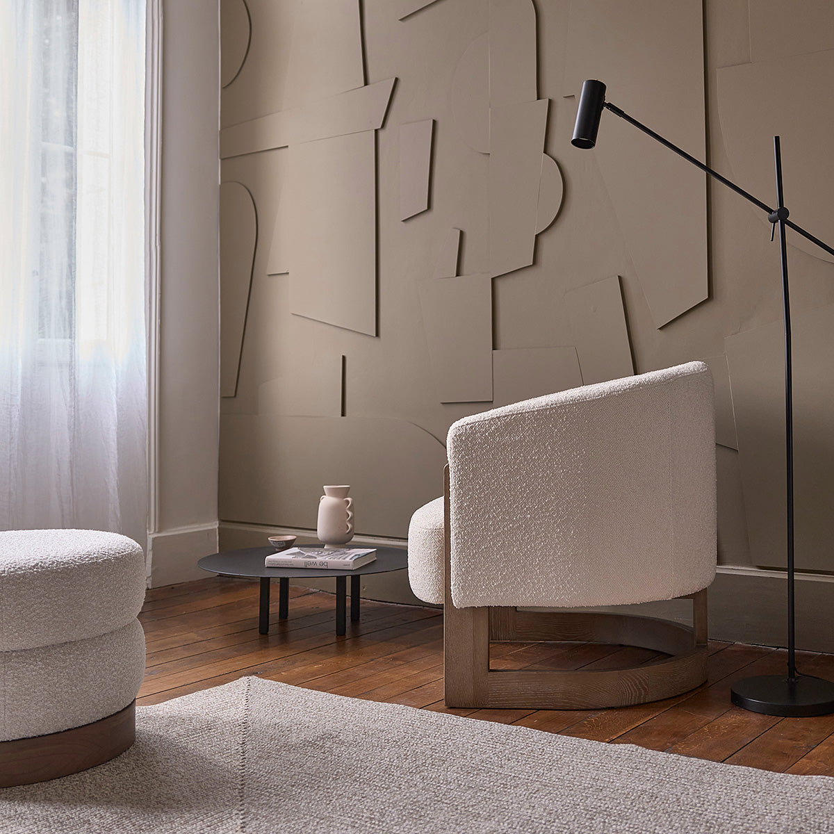 MALO - Poltrona in rovere massello e tessuto bouclé écru