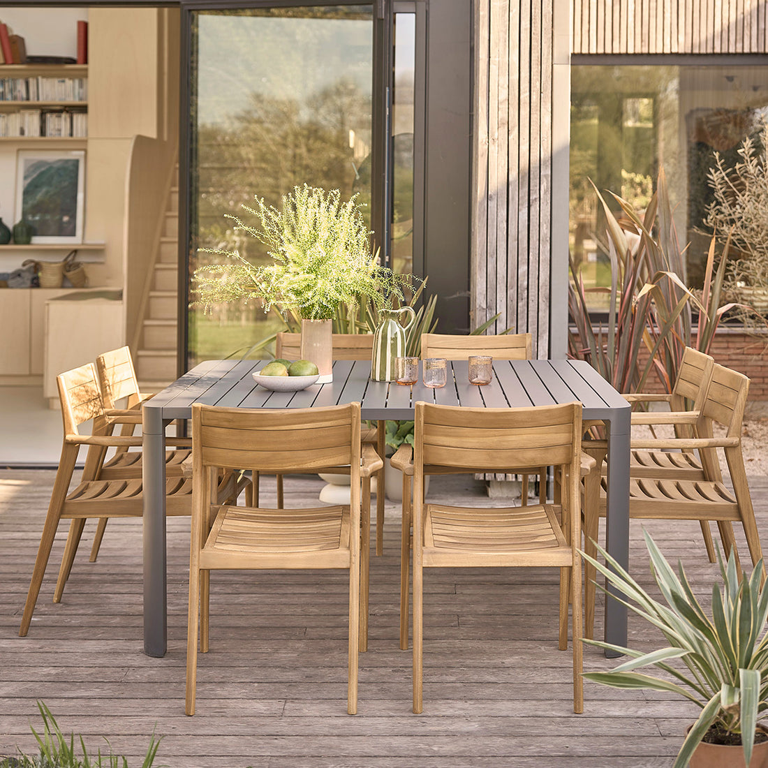 MALTE - Salotto da giardino allungabile in alluminio e teak massiccio per 6/8 pers.