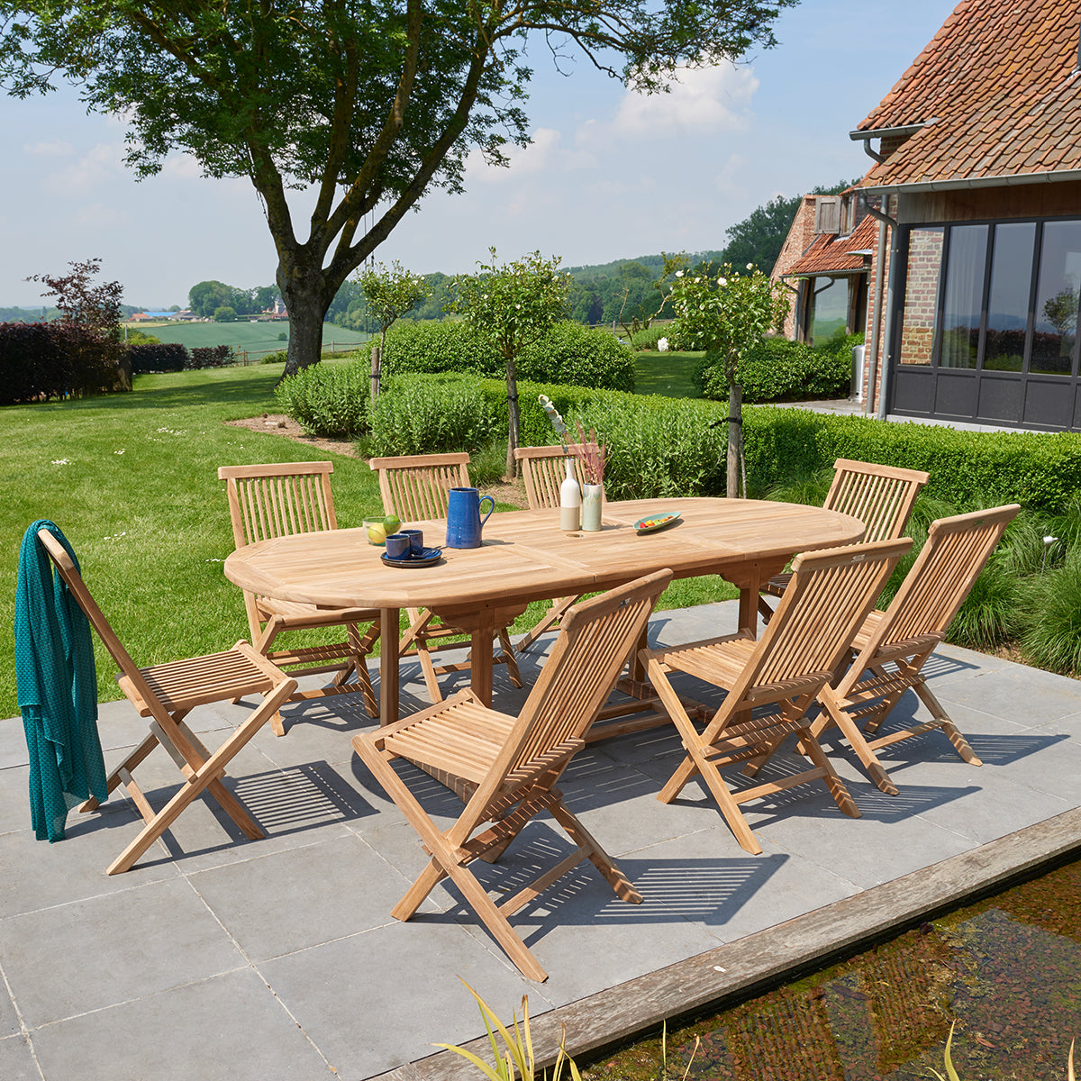 MIDLAND - Set di mobili da giardino in teak massello con tavolo allungabile 8/10 pers.