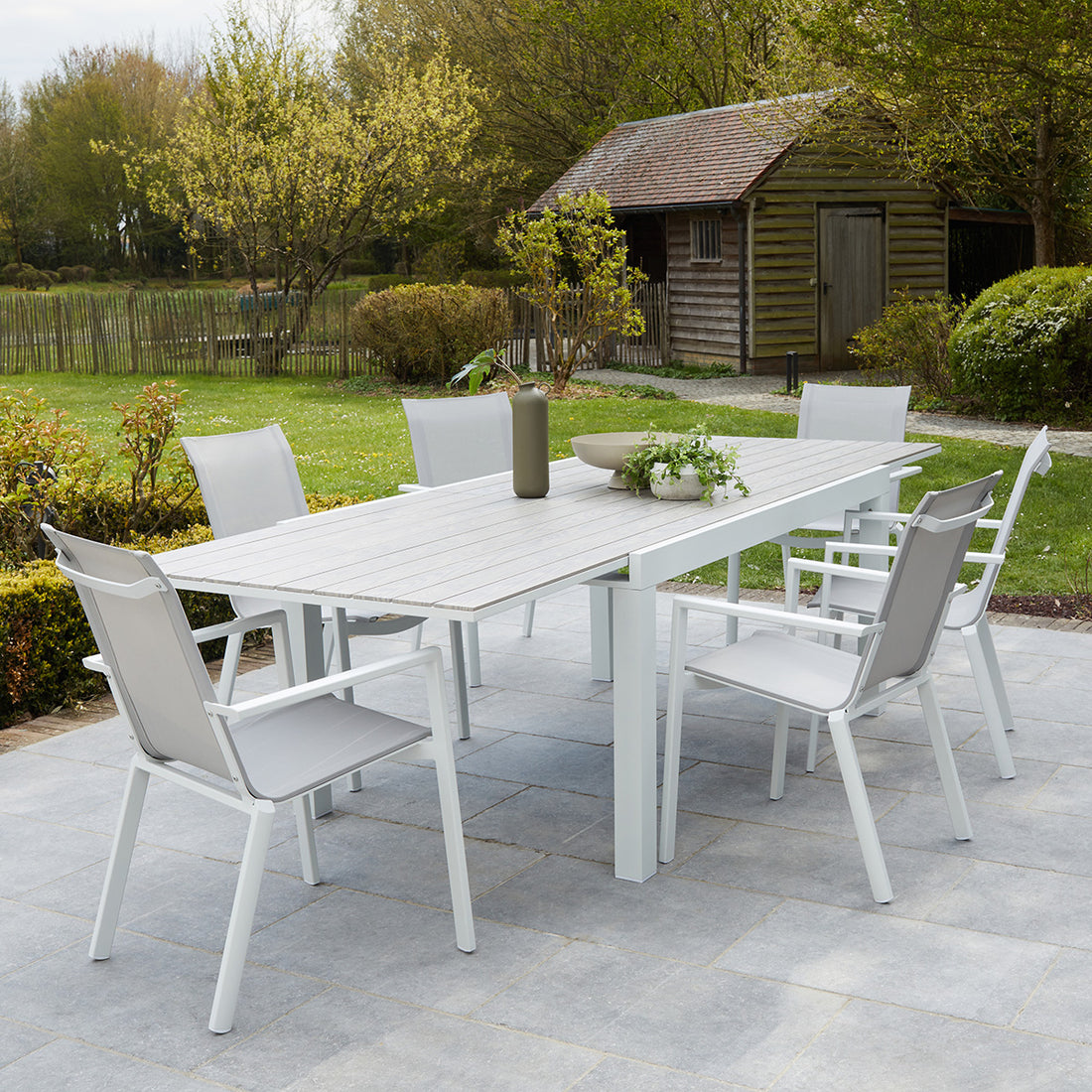 TULUM - Set di mobili da giardino alluminio bianco e textilene grigio 6/10 pers.