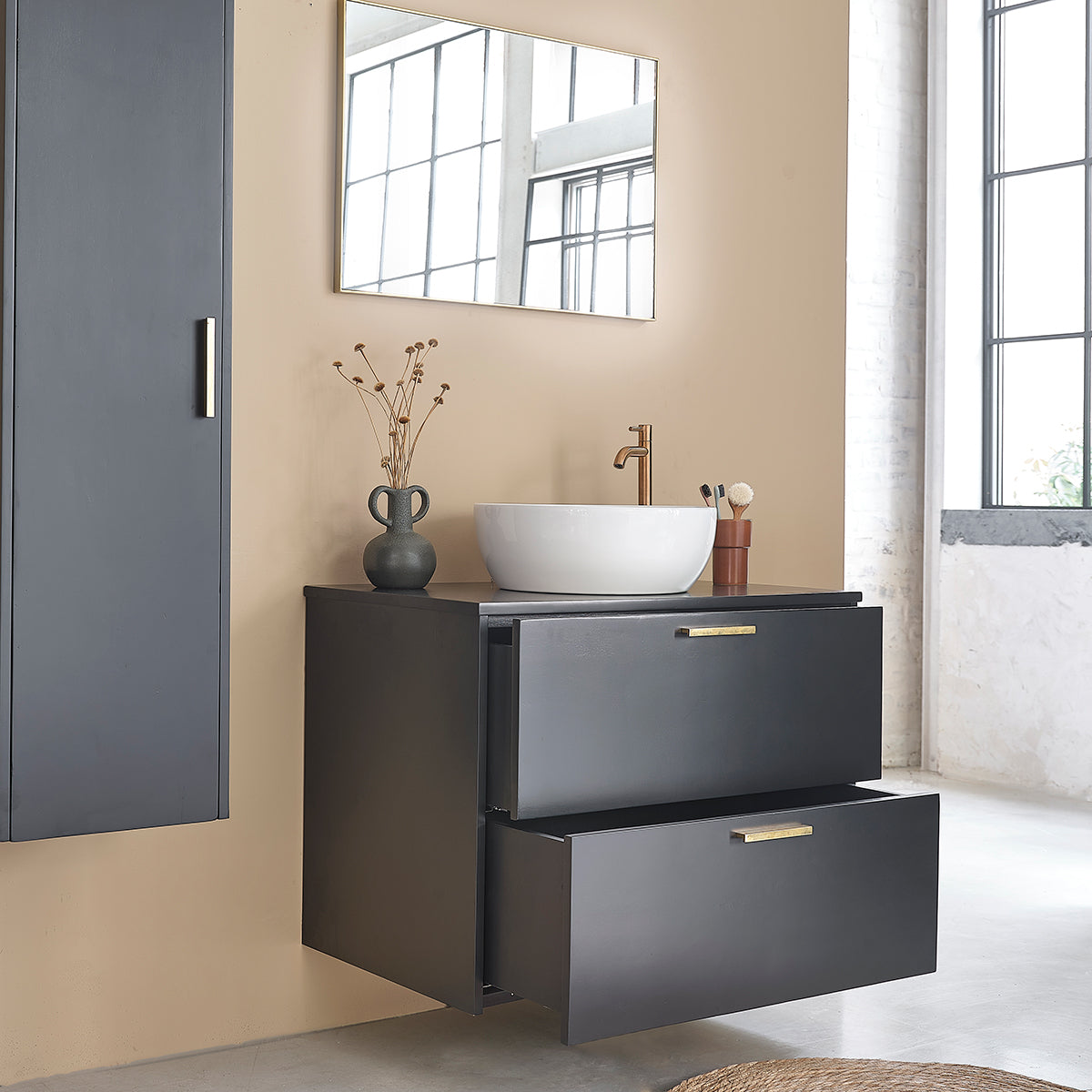 LUNA - Mobile sottolavabo sospeso in acacia massello nero 80 cm