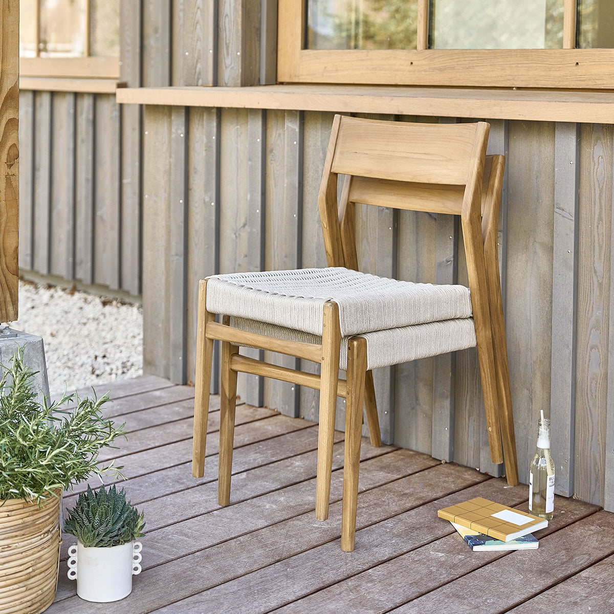 LIVIE - Set di mobili da giardino in teak massello e corda beige, 8 pers.