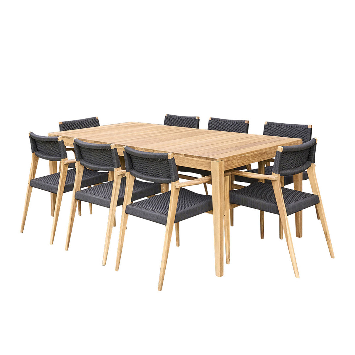 ESTHER - Set di mobili da giardino in legno di teak massello e corda nera 8 pers.