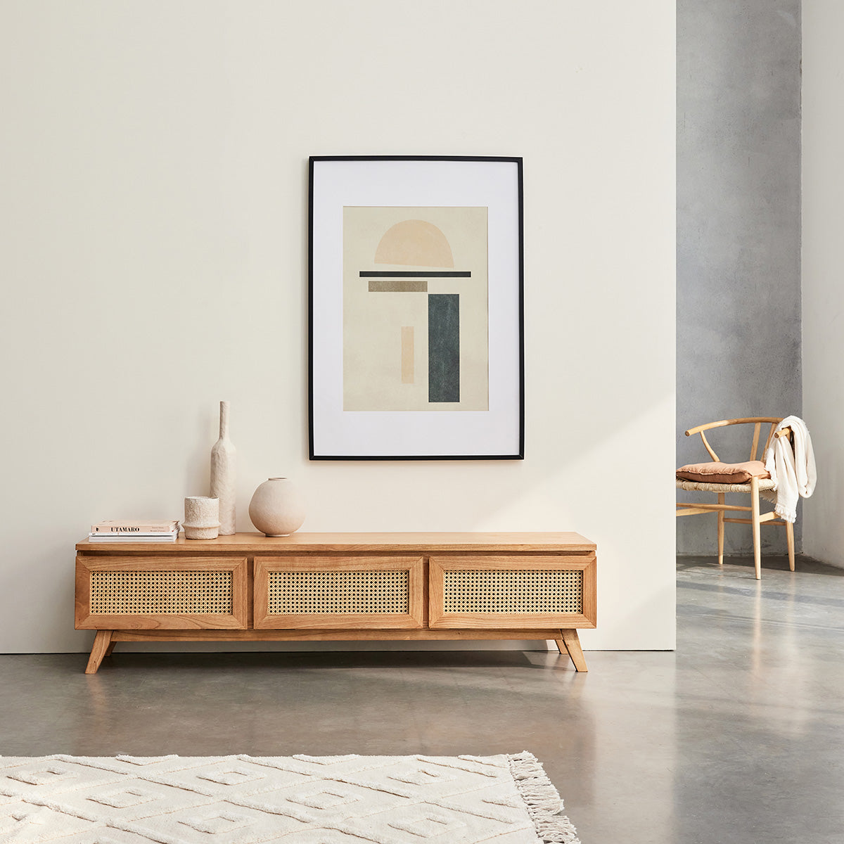 ISÉE - Mobile porta TV in mindi massello e cannage 160 cm