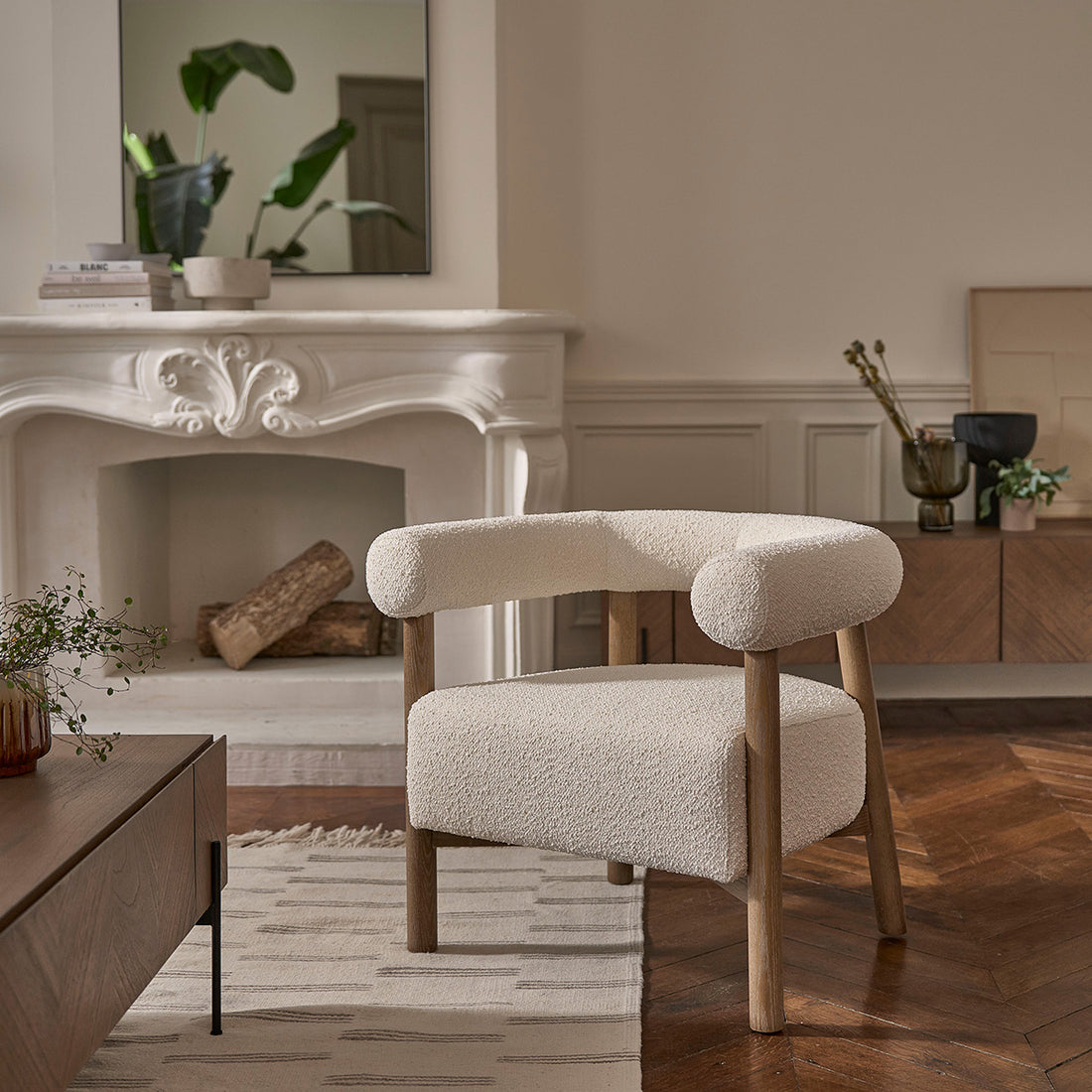 DUNE - Poltrona rotonda in rovere massello e tessuto bouclé écru