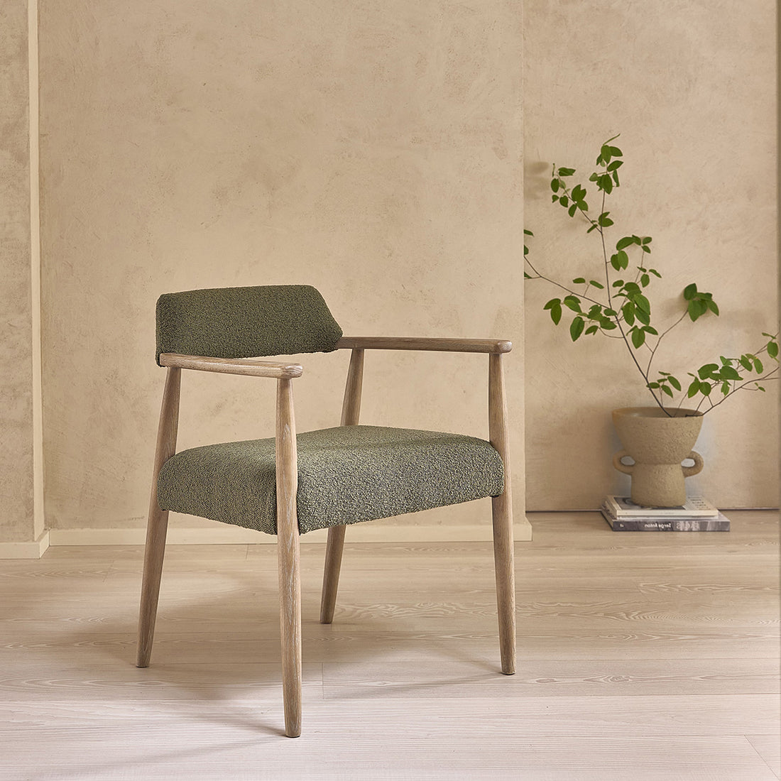 LUISA - Sedia in rovere e tessuto bouclé kaki