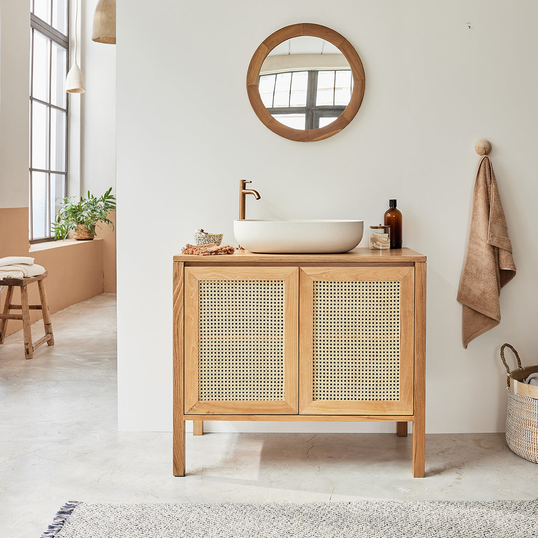 ELIOTT - Mobile per lavabo in teak massello e cannage 90 cm