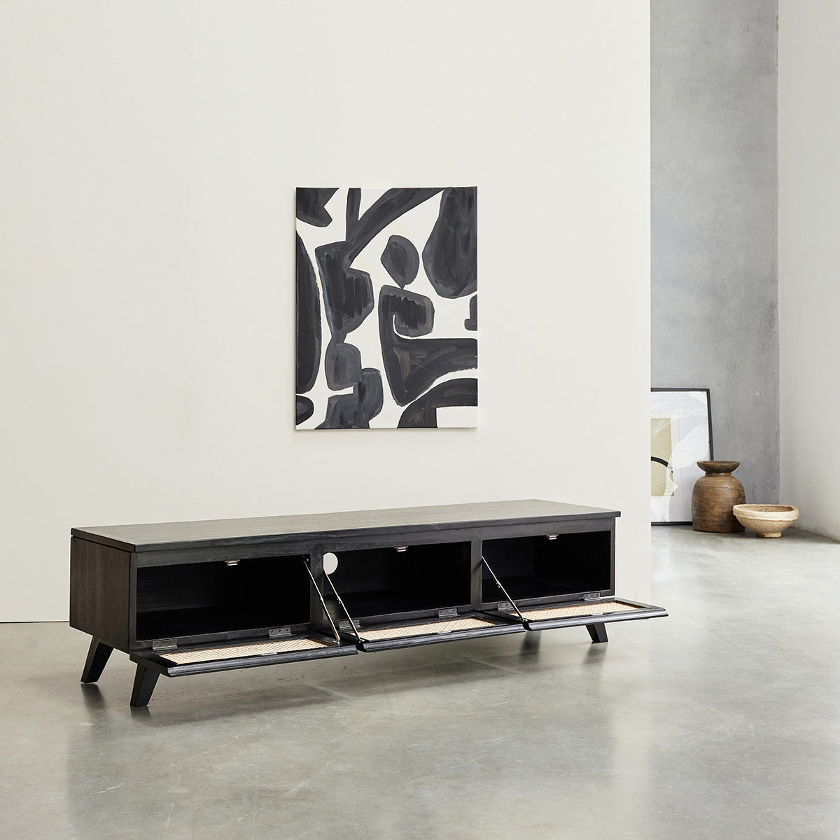 ISÉE - Mobile porta TV in mindi massello e cannage nero 160 cm