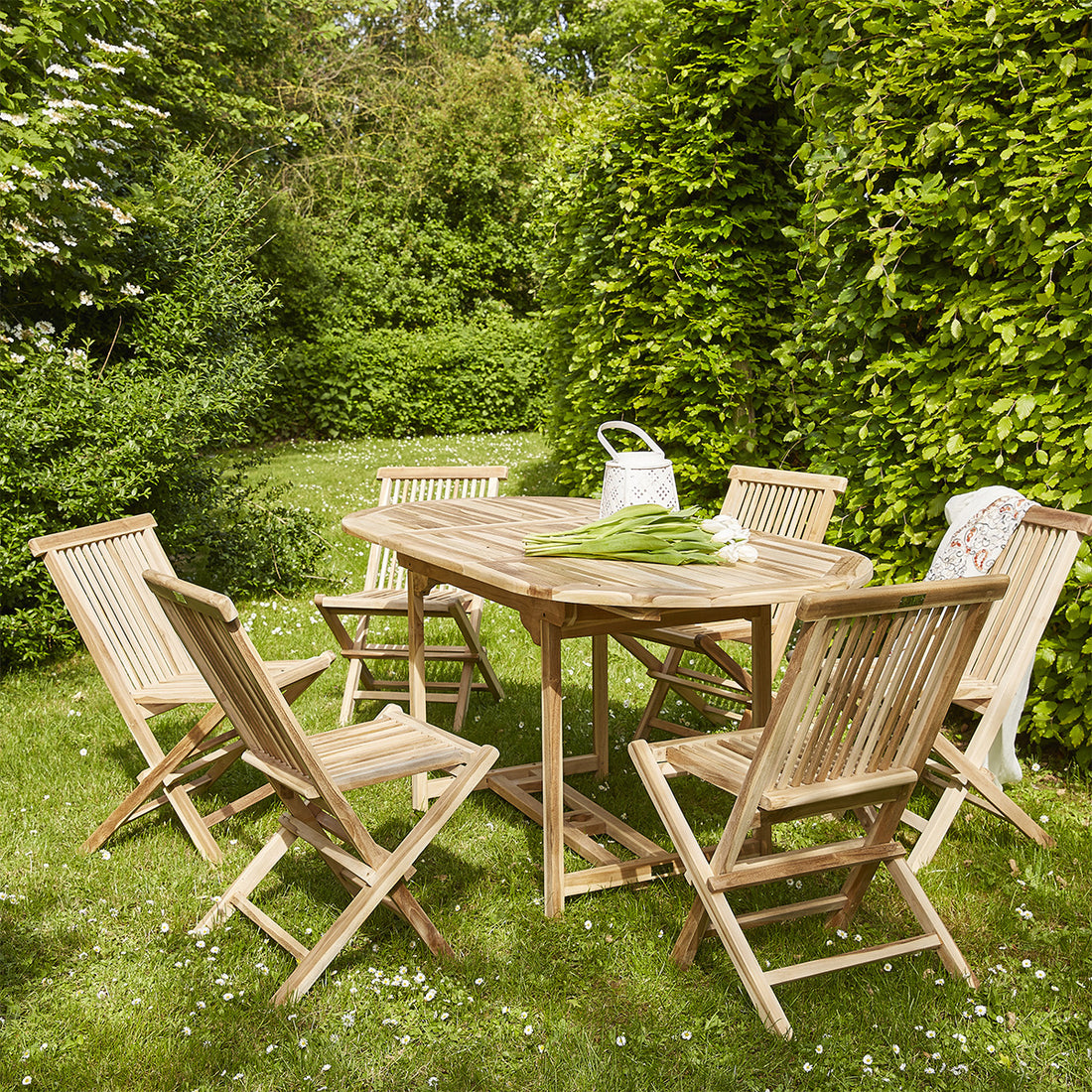 MELBOURNE - Set di mobili da giardino in teak massello con tavolo allungabile 6 pers.