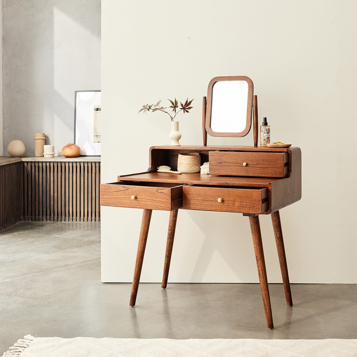 VINTAGE - Tavolino da toilette scrivania in mindi massello con finitura in noce 90 cm