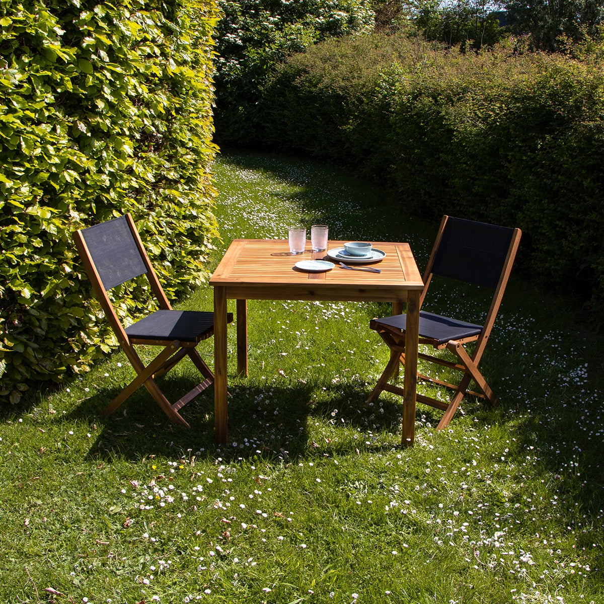HANOÏ - Set di mobili da giardino in legno massello di acacia FSC e textilene nero 2 pers.