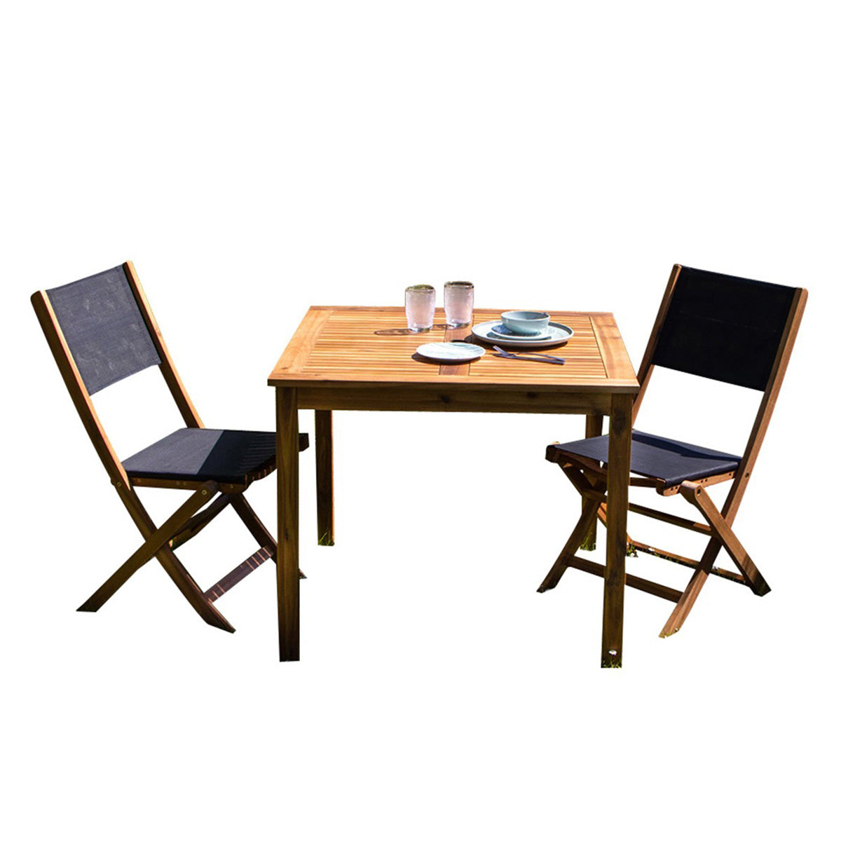 HANOÏ - Set di mobili da giardino in legno massello di acacia FSC e textilene nero 2 pers.