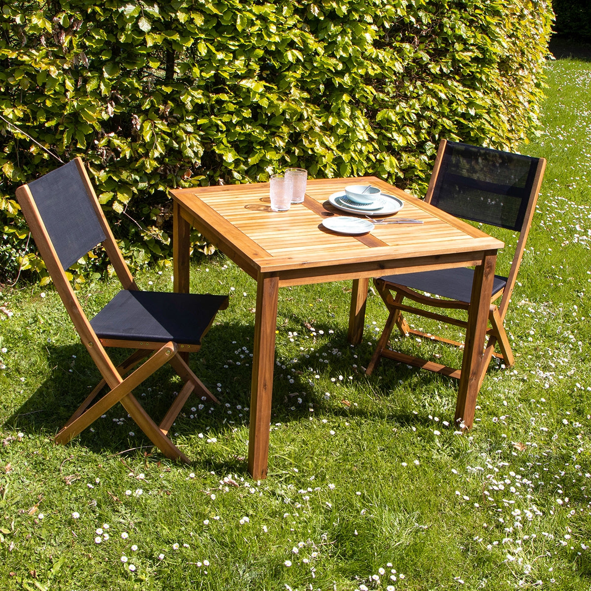HANOÏ - Set di mobili da giardino in legno massello di acacia FSC e textilene nero 2 pers.