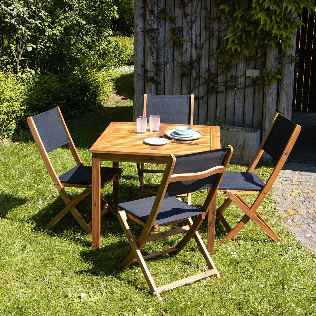 HANOÏ - Set di mobili da giardino in legno massello di acacia FSC e textilene nero 4 pers.