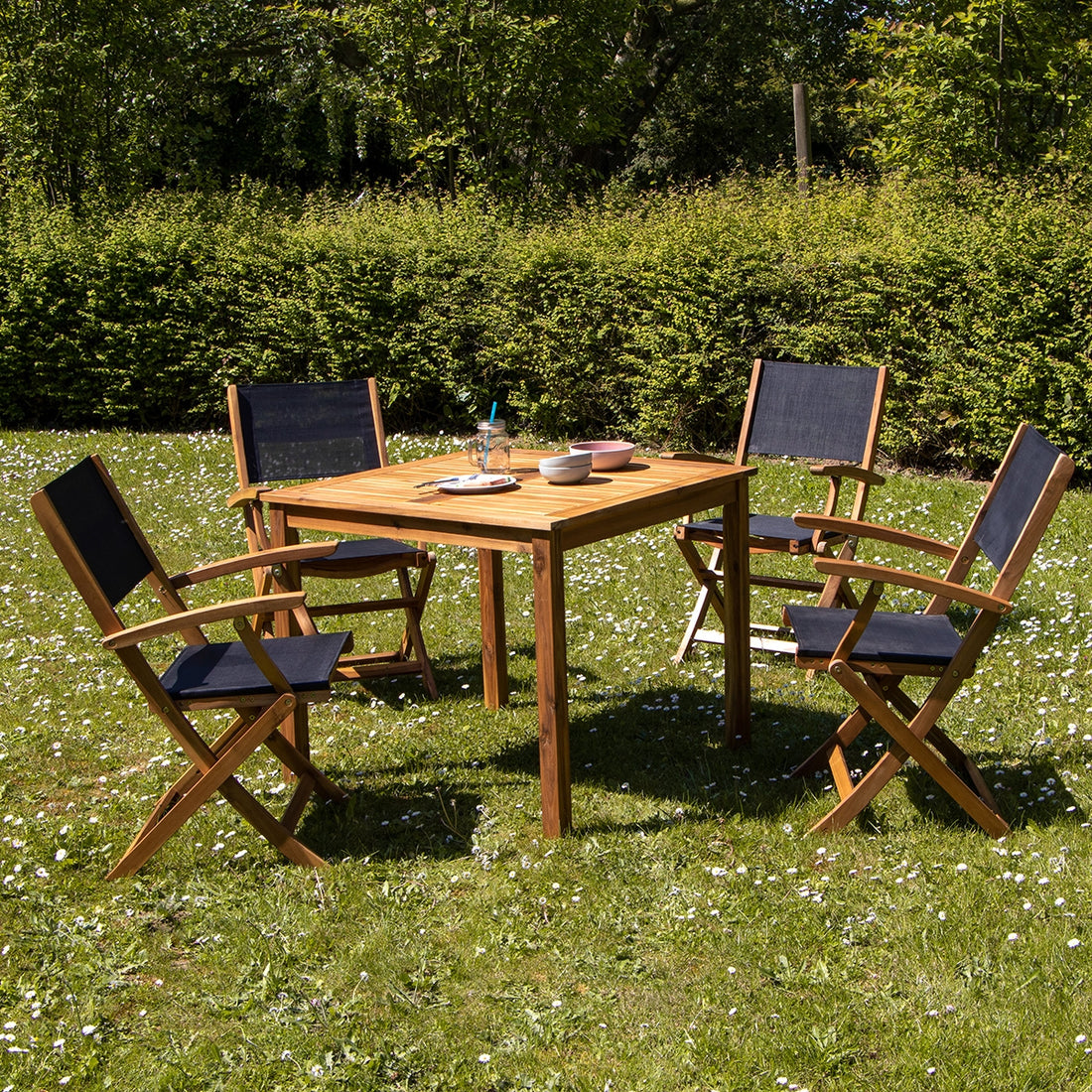 HANOÏ - Set di mobili da giardino in acacia massello e textilene nero 4 pers.