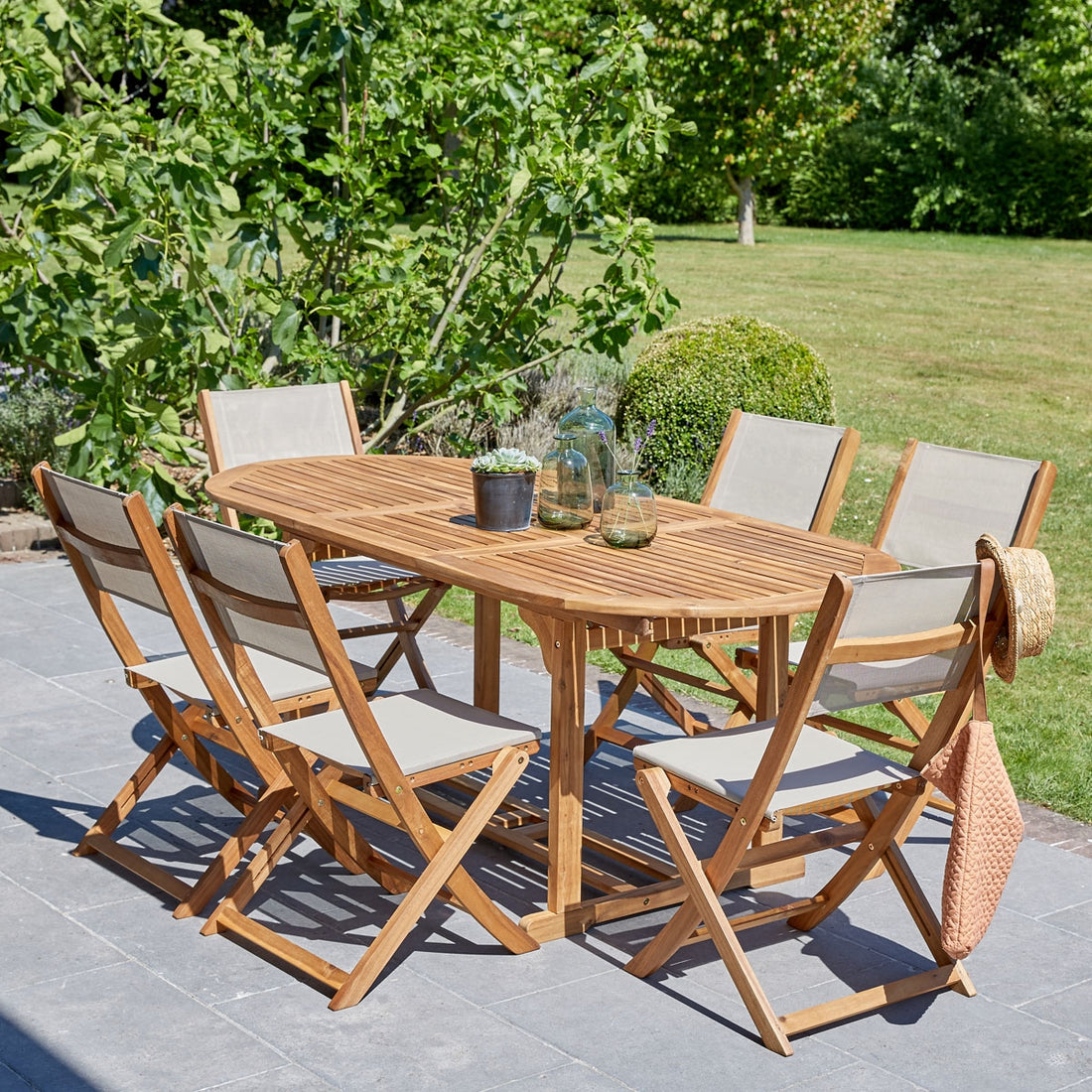 HANOÏ - Set di mobili da giardino in legno di acacia massello FSC e textilene grigio 6/8 pers.