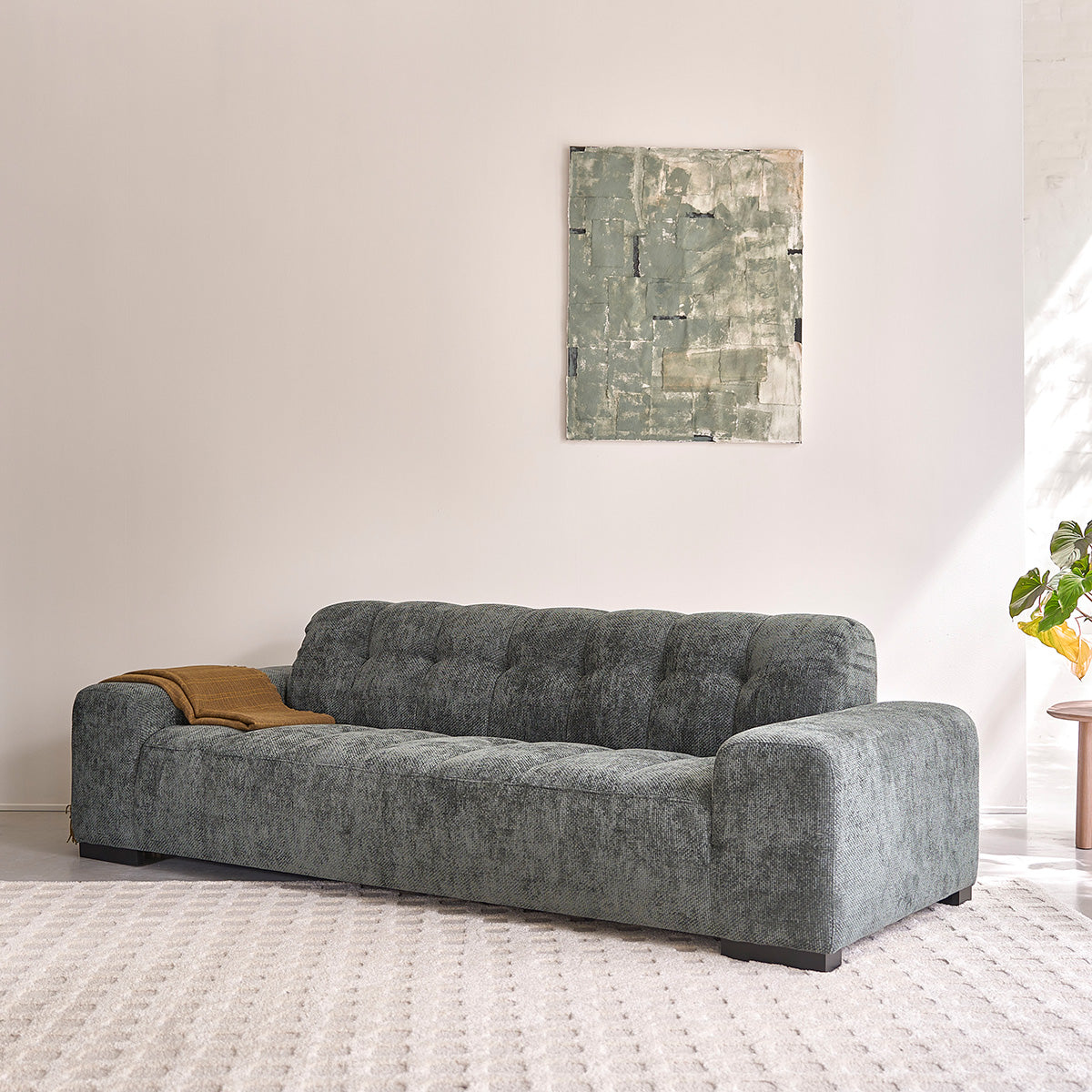 ALPHONSE - Divano dritto a 4 posti in velluto intrecciato grigio-verde