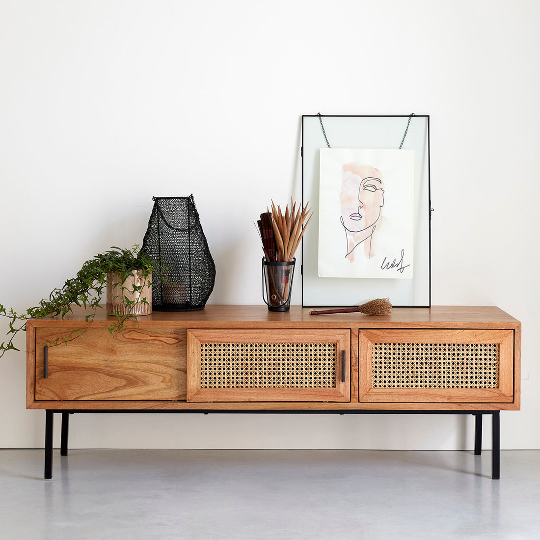 AUBIN - Mobile porta TV in mindi massello e cannage 140 cm