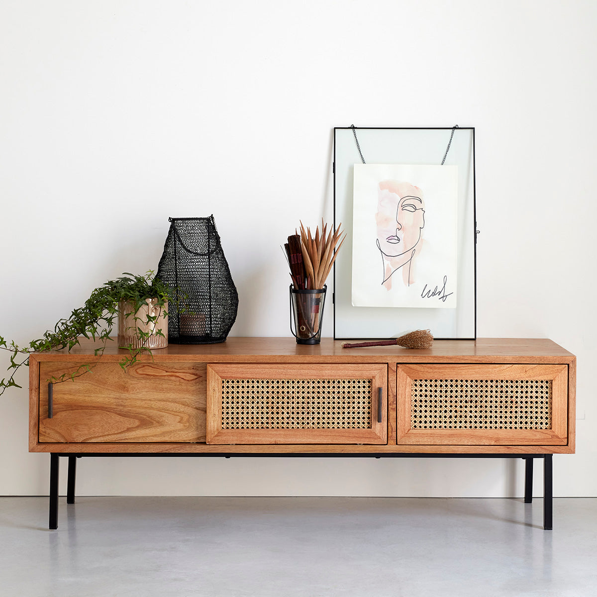 AUBIN - Mobile porta TV in mindi massello e cannage 140 cm