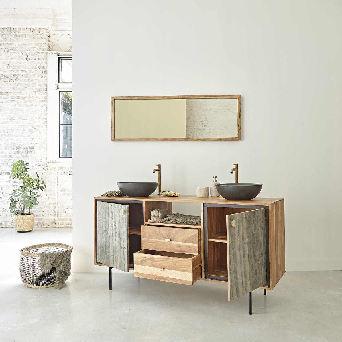 EDEN ROCK - Mobile sottolavabo in acacia massello e pietra 155 cm