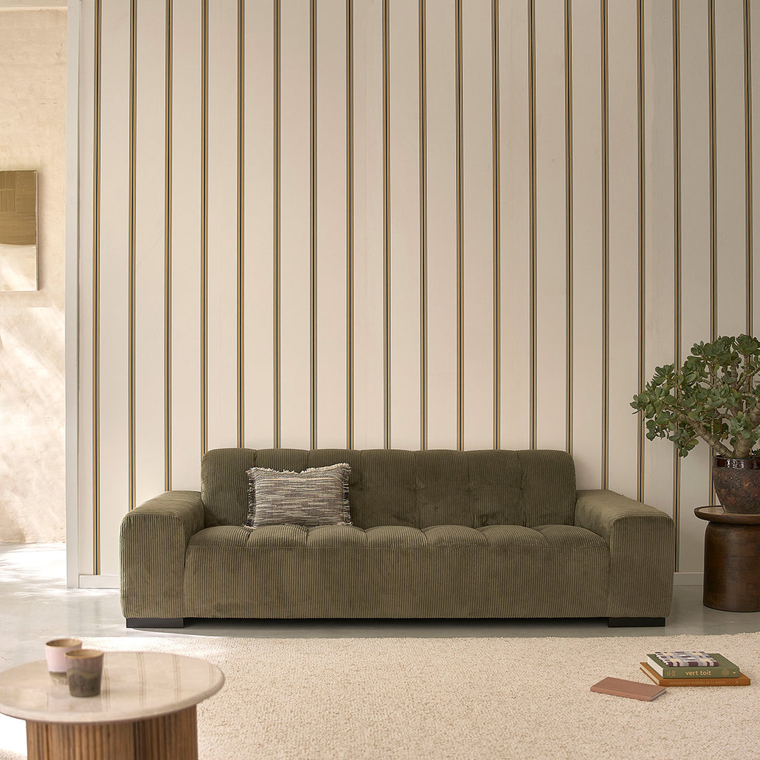 ALPHONSE - Divano diritto 4 posti in velluto a coste kaki