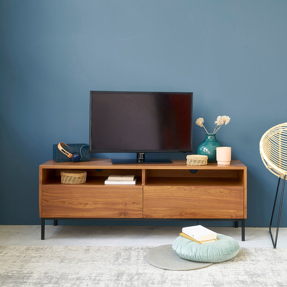 LINA - Mobile porta TV 140 cm in teak massello e metallo