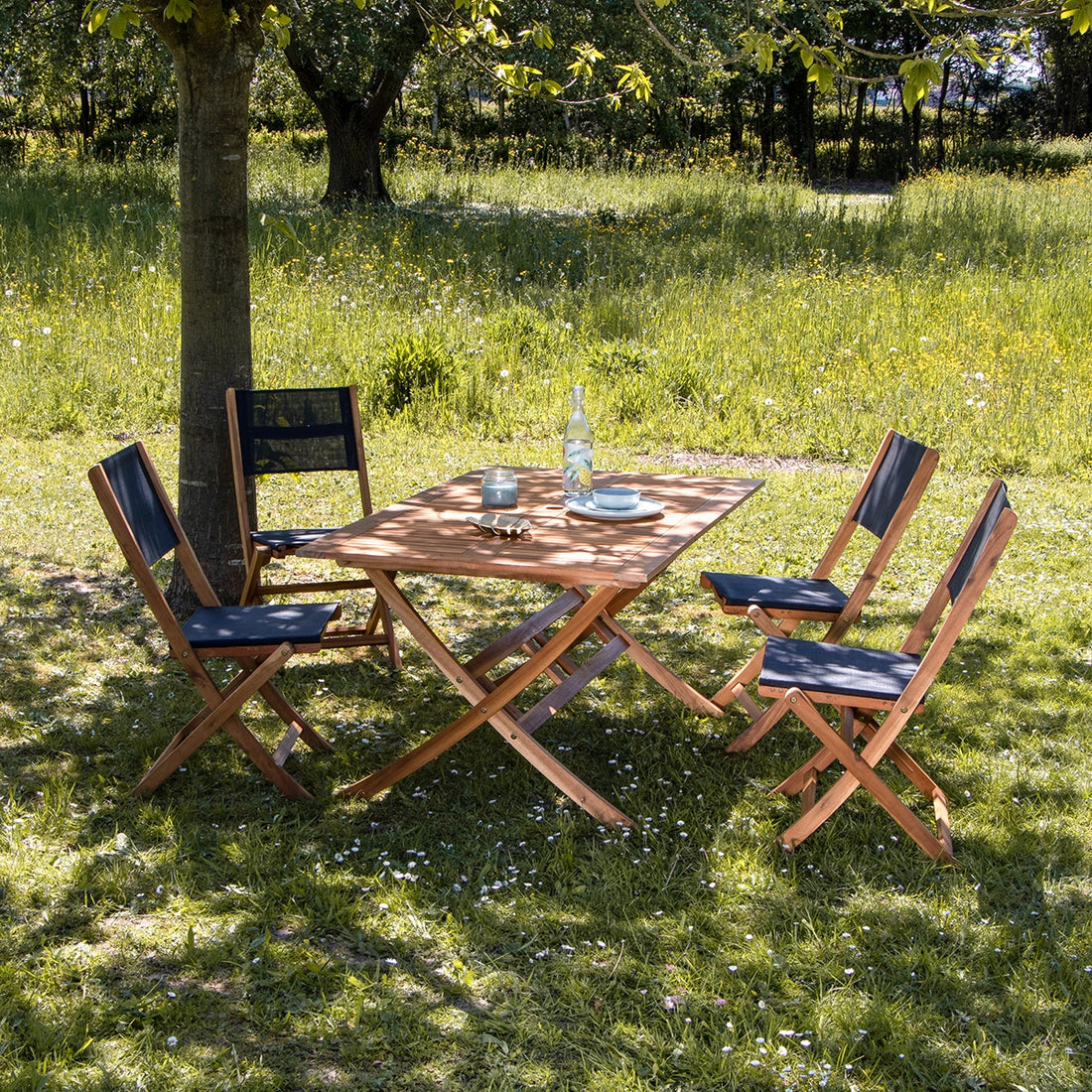 HANOÏ - Set di mobili da giardino in legno massello di acacia FSC e textilene nero 4 pers.