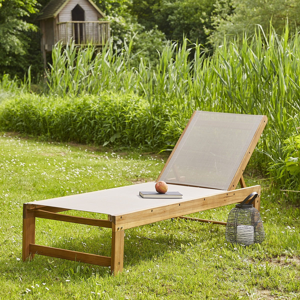 HANOÏ - Lettino in acacia massello e textilene grigio